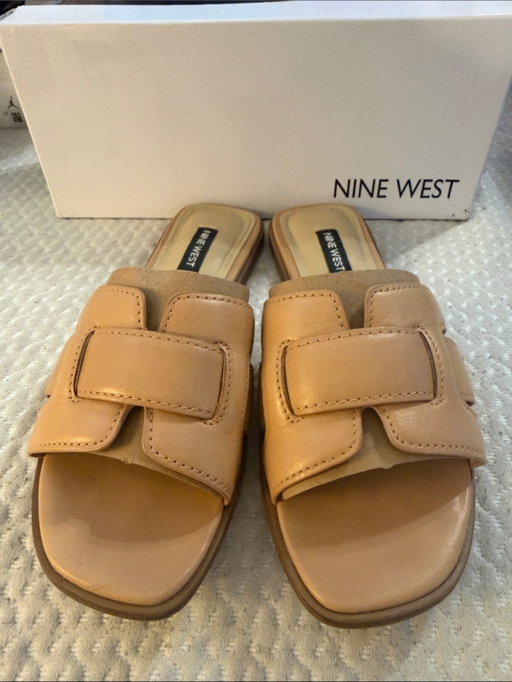 Nine West Beige Leather Buckle-Style Slide Sandals